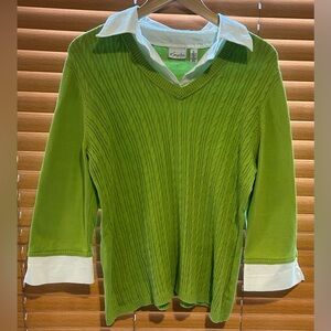 Kim Rogers Lime Green V-Neck Faux Layered Sweater with White Shirt Trim size 1XL